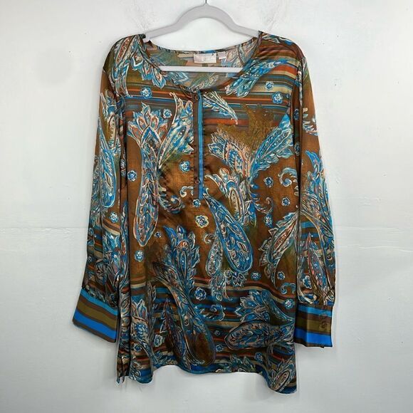 Belle Kim Gravel Pop over 1/4 button front Long Sleeves paisley silky texture 2X - Picture 1 of 13